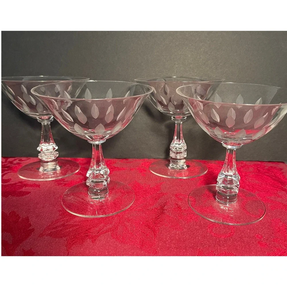 Vintage Tiffin-Franciscan Etched Crystal Coupe Glasses Set of 4 Faceted Stem MCM